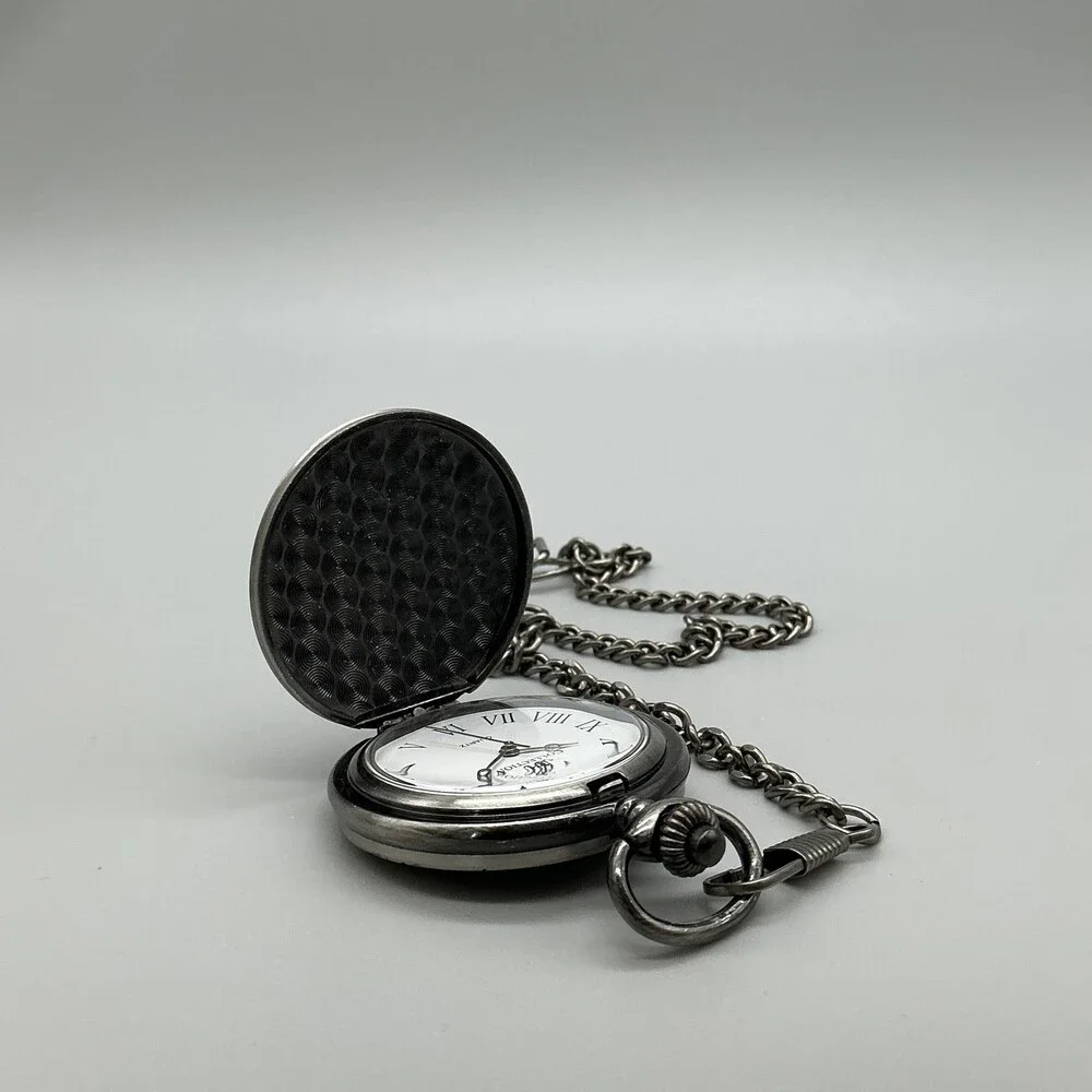 Vintage Collection Pocket Watch Men 46mm Silver Tone Utah 1896 Chain New Battery